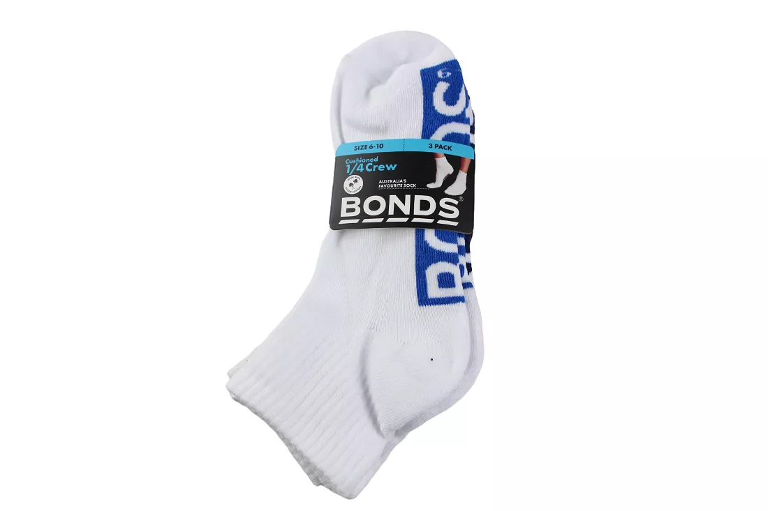 3 x Bonds Mens Cushioned Quarter Crew White/Blue/Red Socks