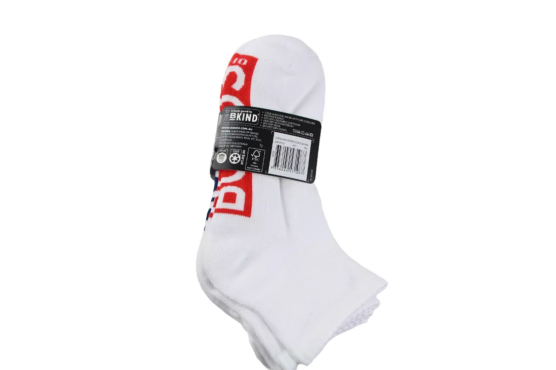 3 x Bonds Mens Cushioned Quarter Crew White/Blue/Red Socks