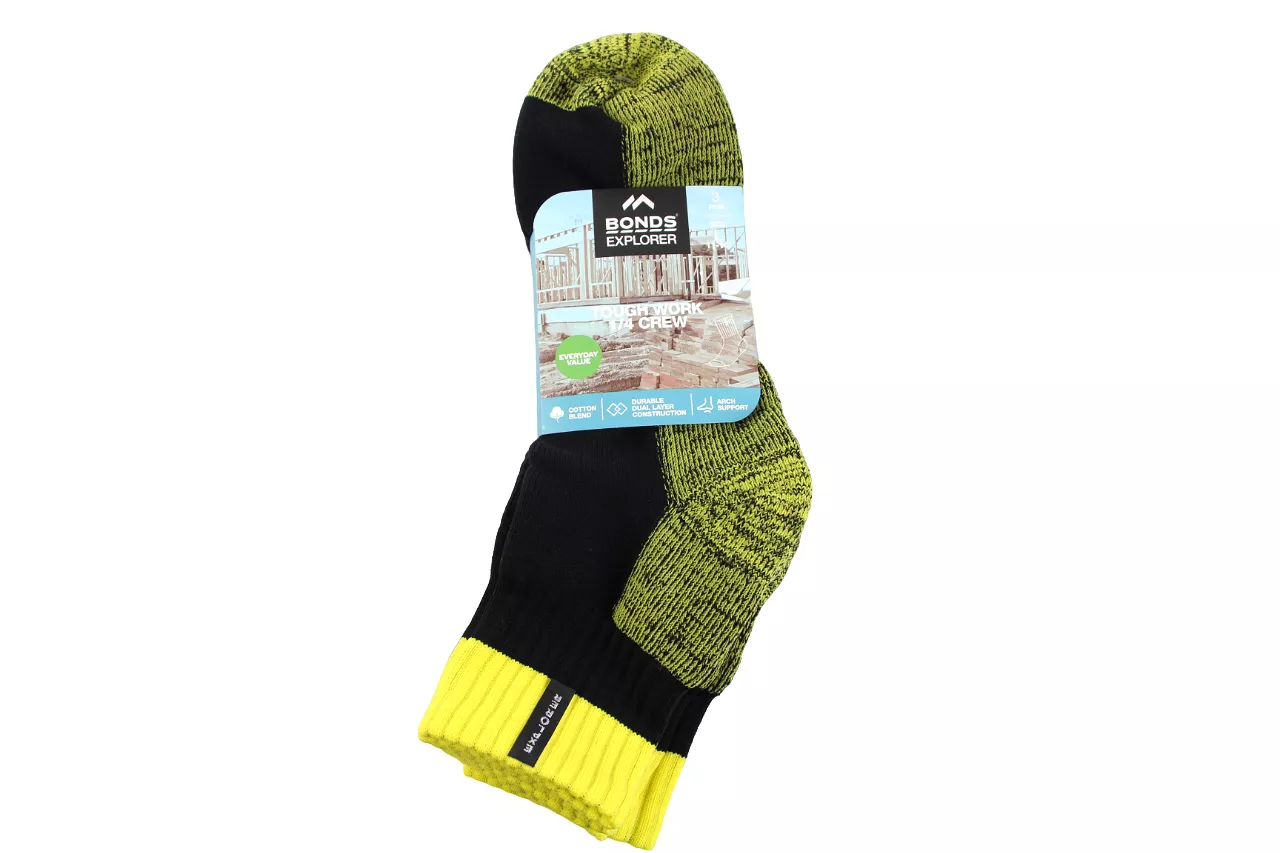 6 x Mens Bonds Explorer Tough Work Quarter Crew Cotton Socks - Black/Yellow