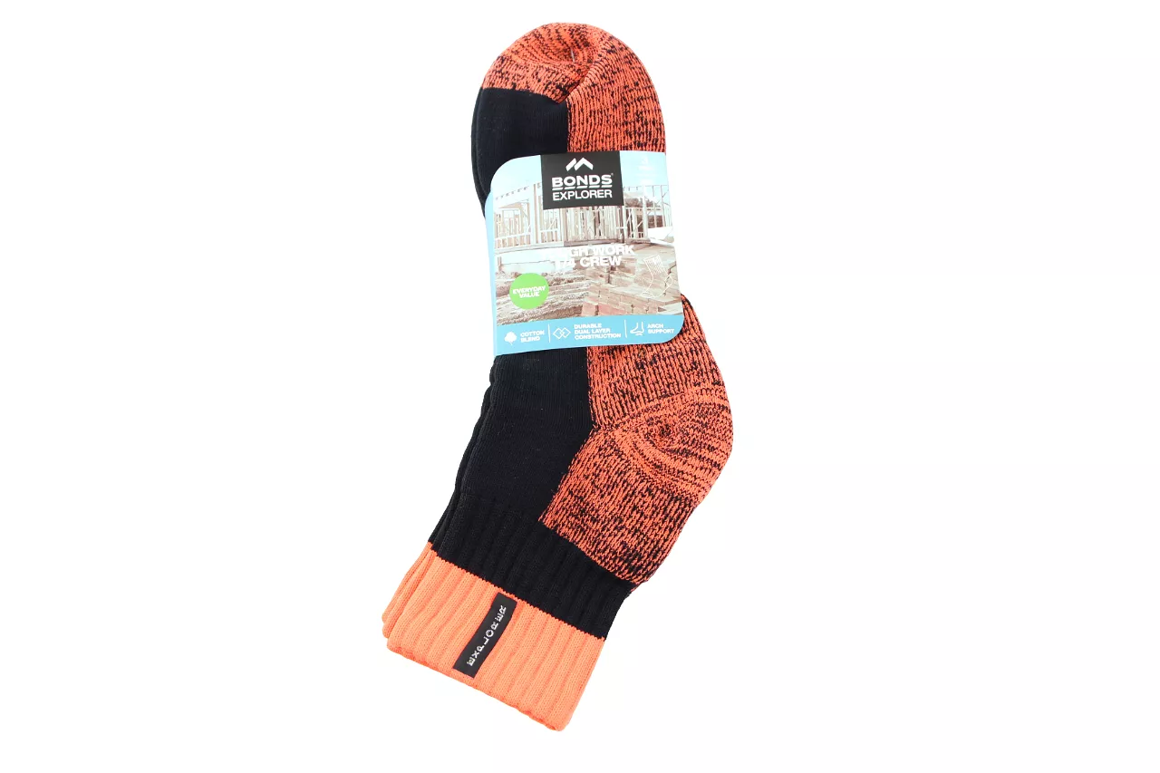 9 x Mens Bonds Explorer Tough Work Quarter Crew Cotton Socks - Black/Orange