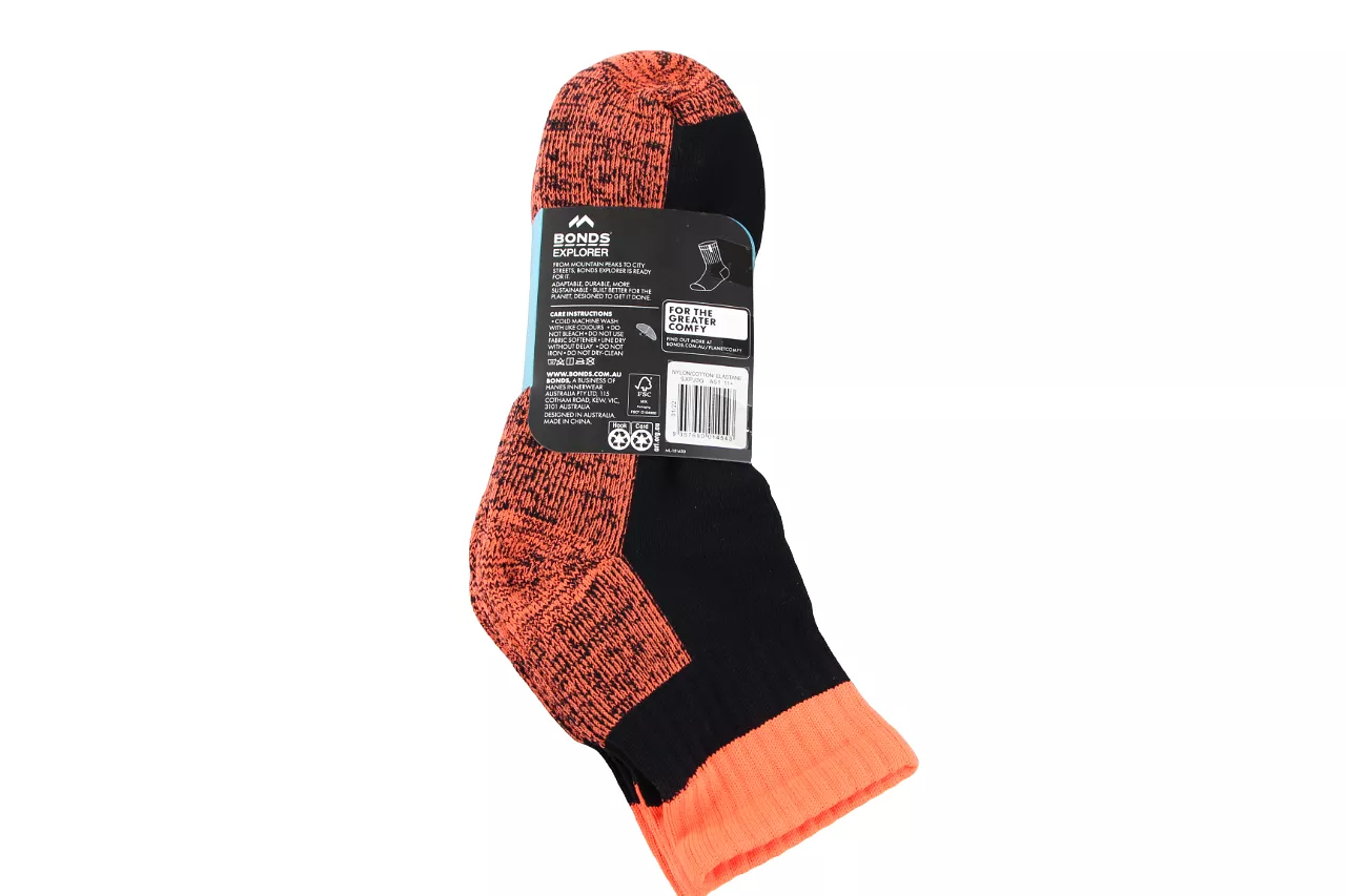 9 x Mens Bonds Explorer Tough Work Quarter Crew Cotton Socks - Black/Orange