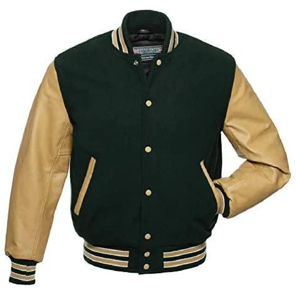 Biker Gear Pro Classic Hybrid Varsity Jacket University Letterman Bomber Jacket-Forest Green Pure Wool Body & Tan Real Leather S