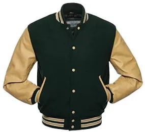 Biker Gear Pro Classic Hybrid Varsity Jacket University Letterman Bomber Jacket-Forest Green Pure Wool Body & Tan Real Leather S