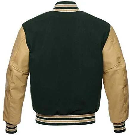 Biker Gear Pro Classic Hybrid Varsity Jacket University Letterman Bomber Jacket-Forest Green Pure Wool Body & Tan Real Leather S