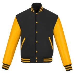 Biker Gear Pro Classic Hybrid Varsity Jacket University Letterman Bomber Jacket-Pure Wool & Original Cowhide Leather Jacket, Bla