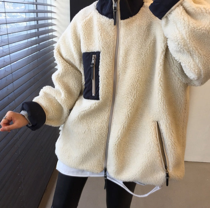 Black White Reversible Cute Shearling Jackets Womens Girls Korean Style Outerwear Winter Fleece Warm Loose Fit