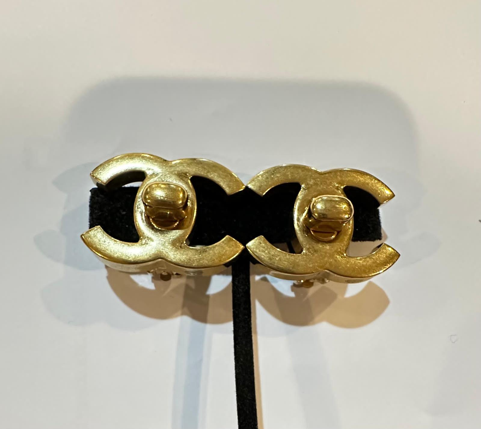 Chanel 09A CC Turnlock Oversized Gold Tone Clip On Earrings