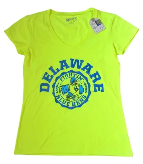 Delaware Blue Hens Gear for Sports Neon Yellow Co-Ed V-Neck Womens T-Shirt (M)