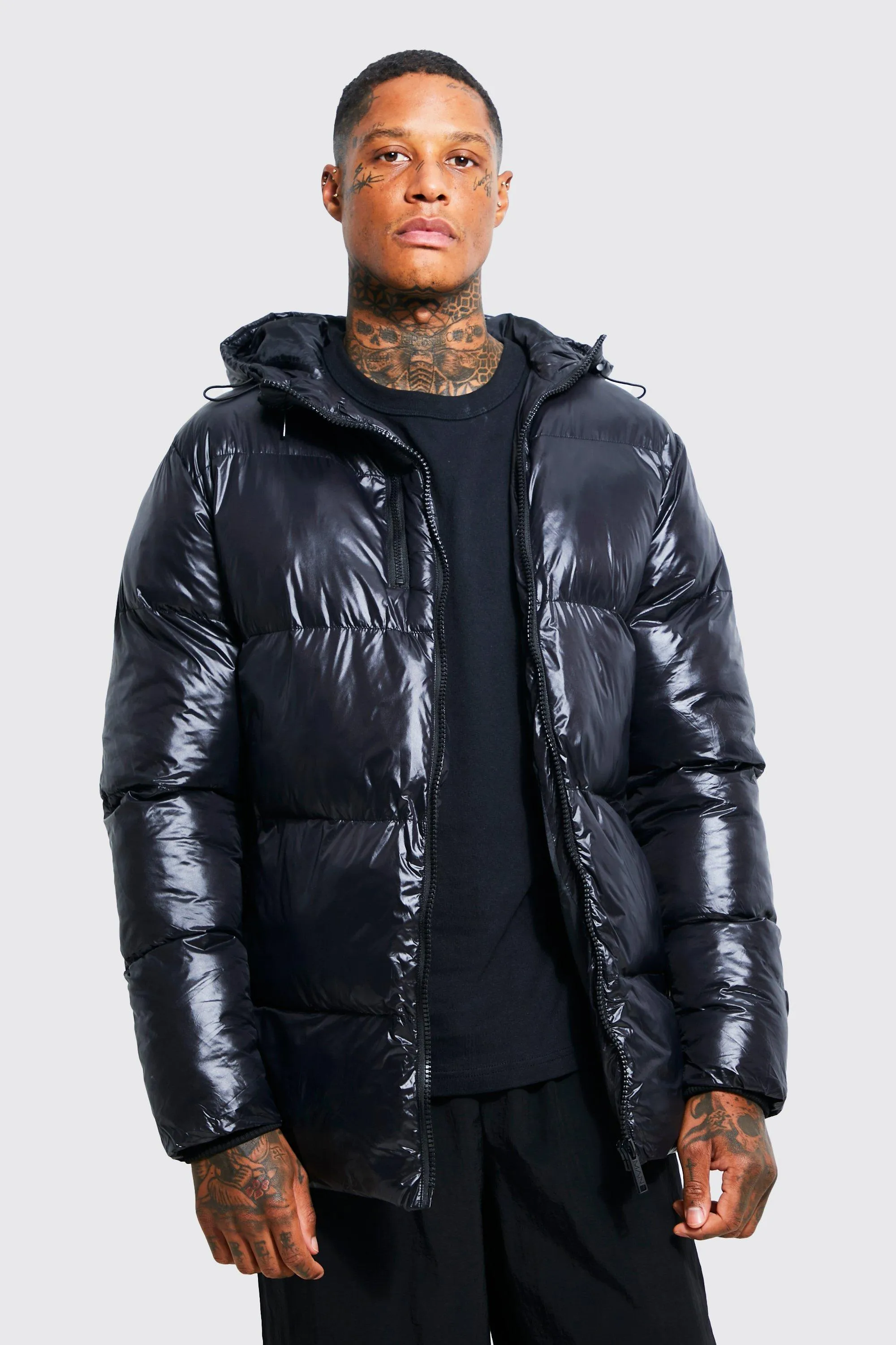 Double Zip High Shine Mid Length Puffer | boohooMAN UK