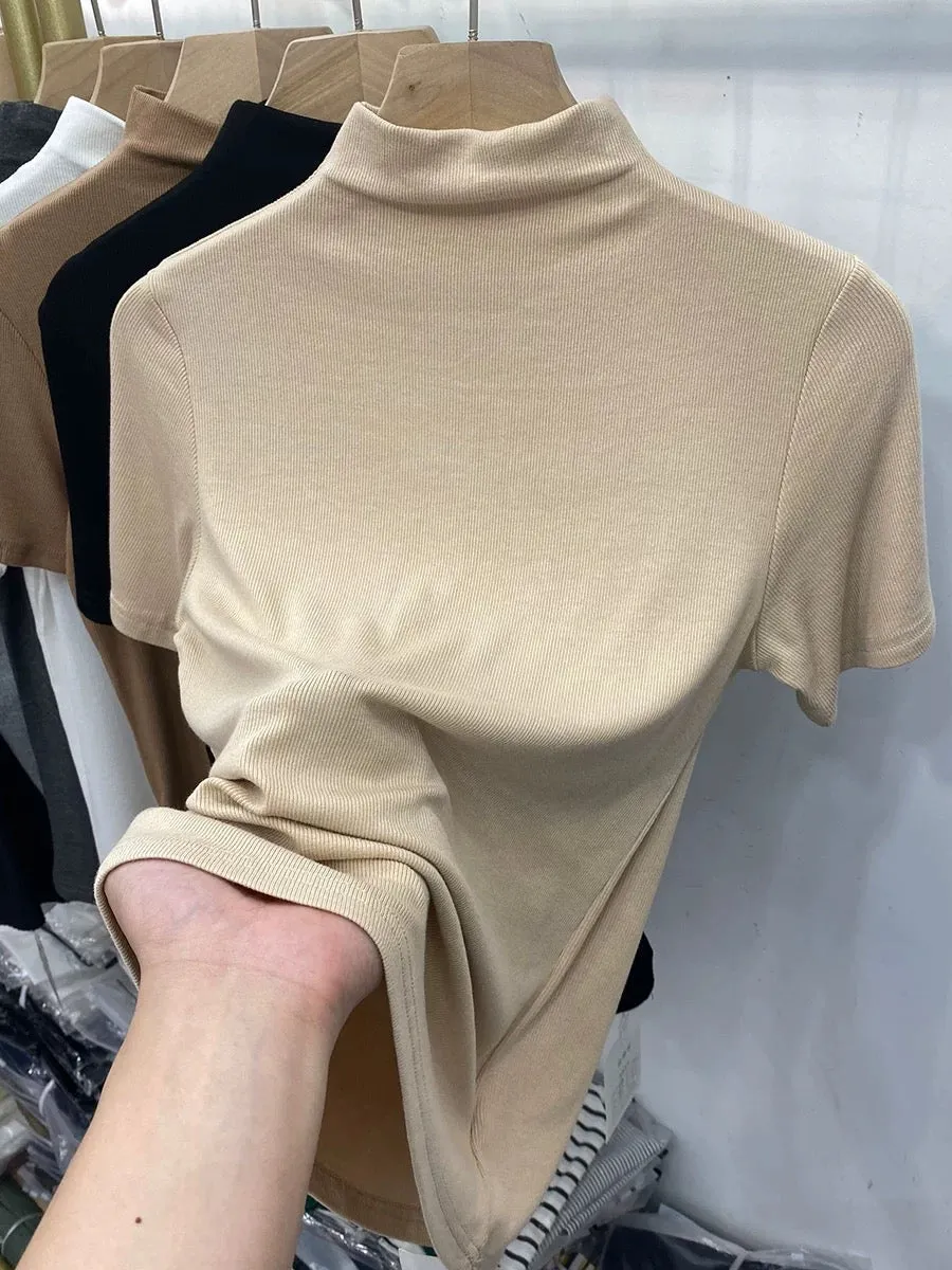 European style half-high collar threaded short-sleeved T-shirt for women 2023 spring and autumn new slimming inner layering shir