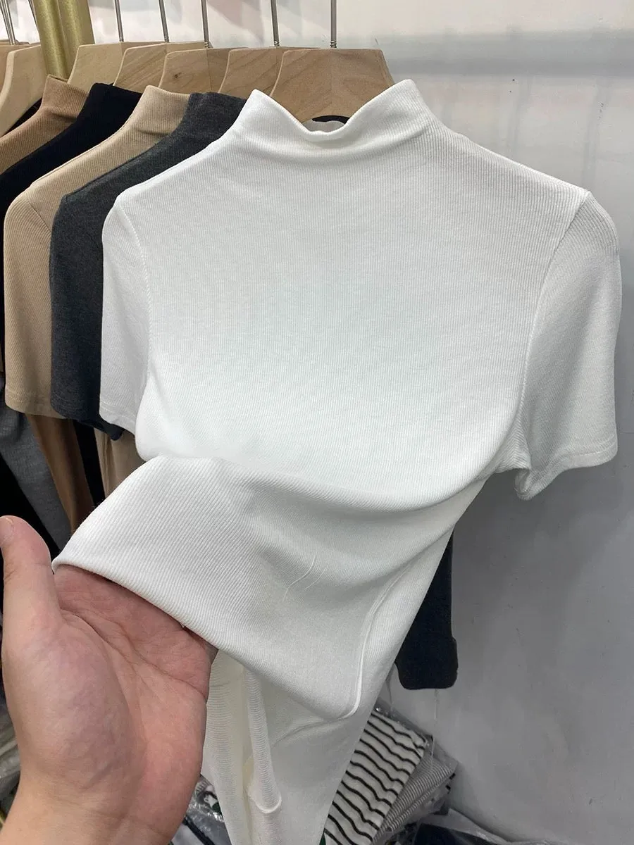 European style half-high collar threaded short-sleeved T-shirt for women 2023 spring and autumn new slimming inner layering shir