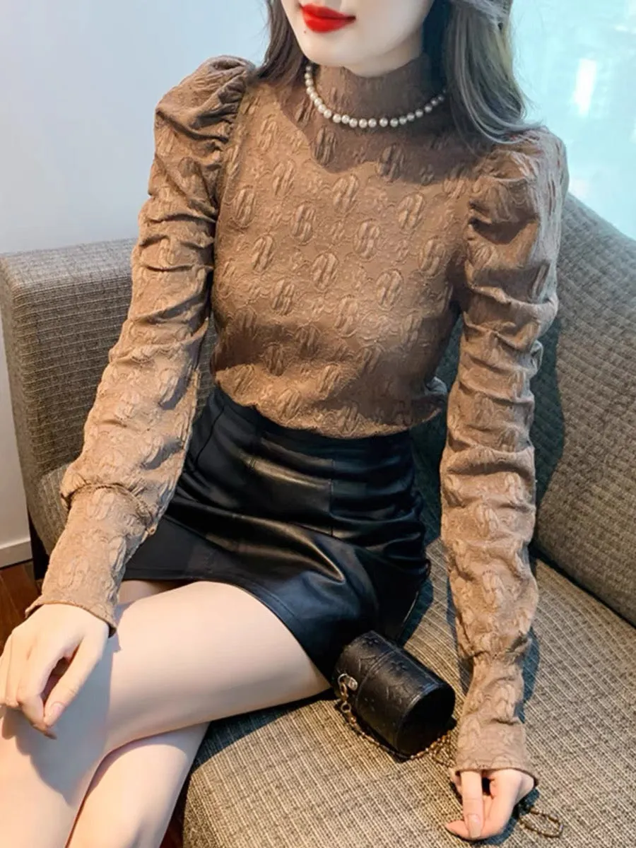 French beaded half turtleneck puff sleeve lace shirt for women autumn and winter new style slim and fashionable inner layering s