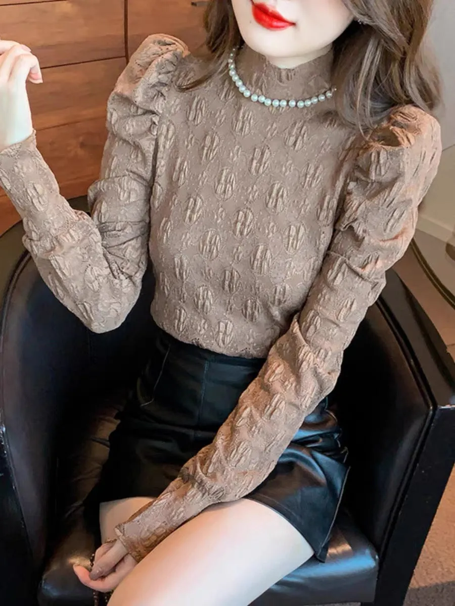 French beaded half turtleneck puff sleeve lace shirt for women autumn and winter new style slim and fashionable inner layering s