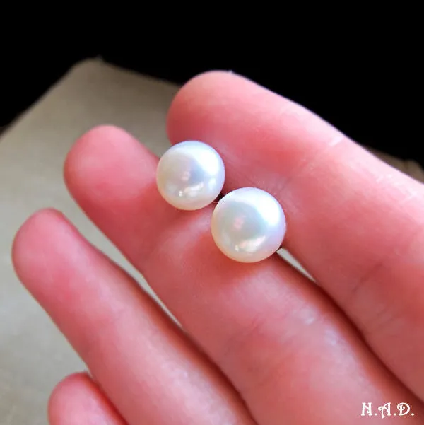 Gold Studs with Big Freshwater Pearls, Large Pearl Stud Earrings - Ivory AAA Pearl Button Studs