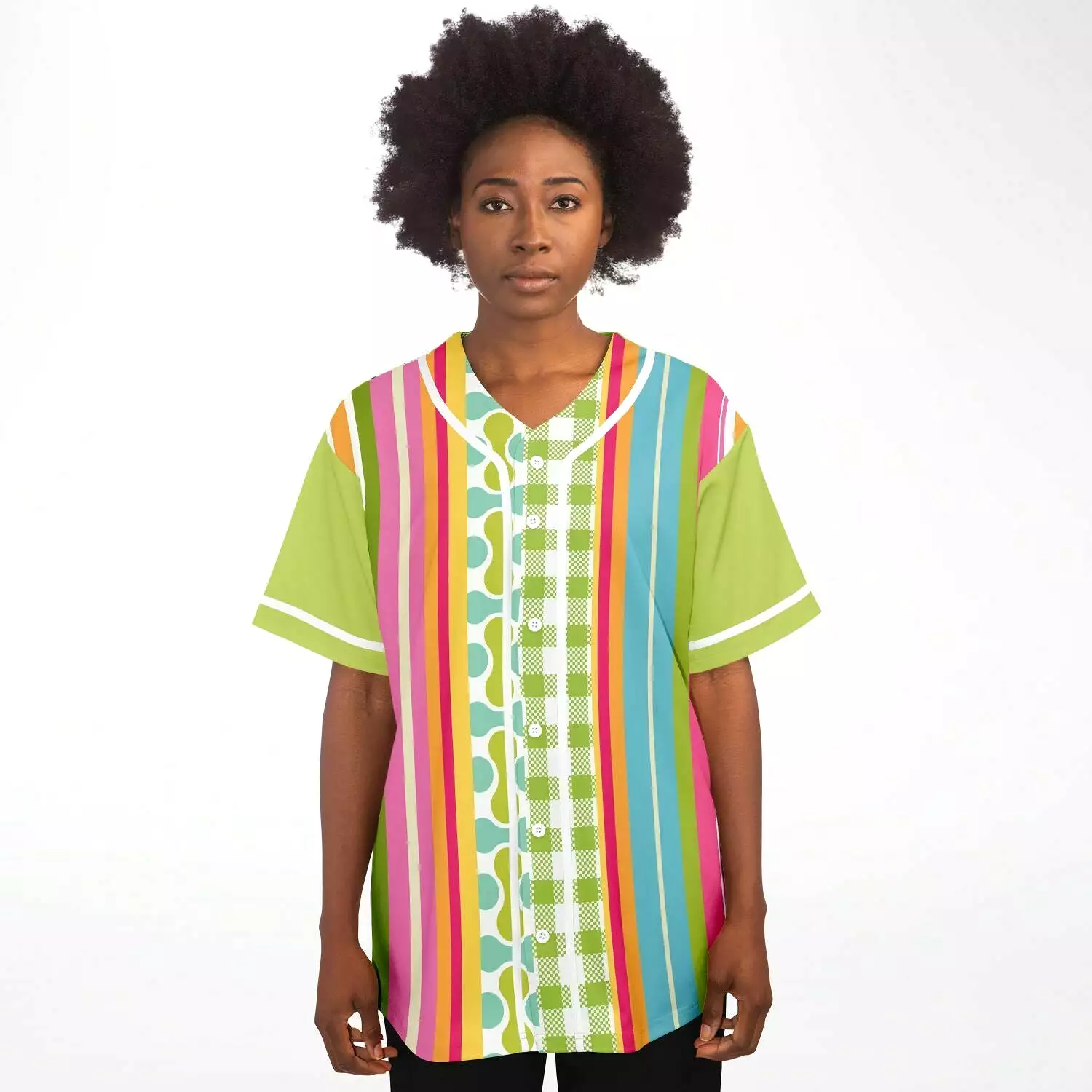 Green Anjou Pear Striped Patchwork Button Front Jersey