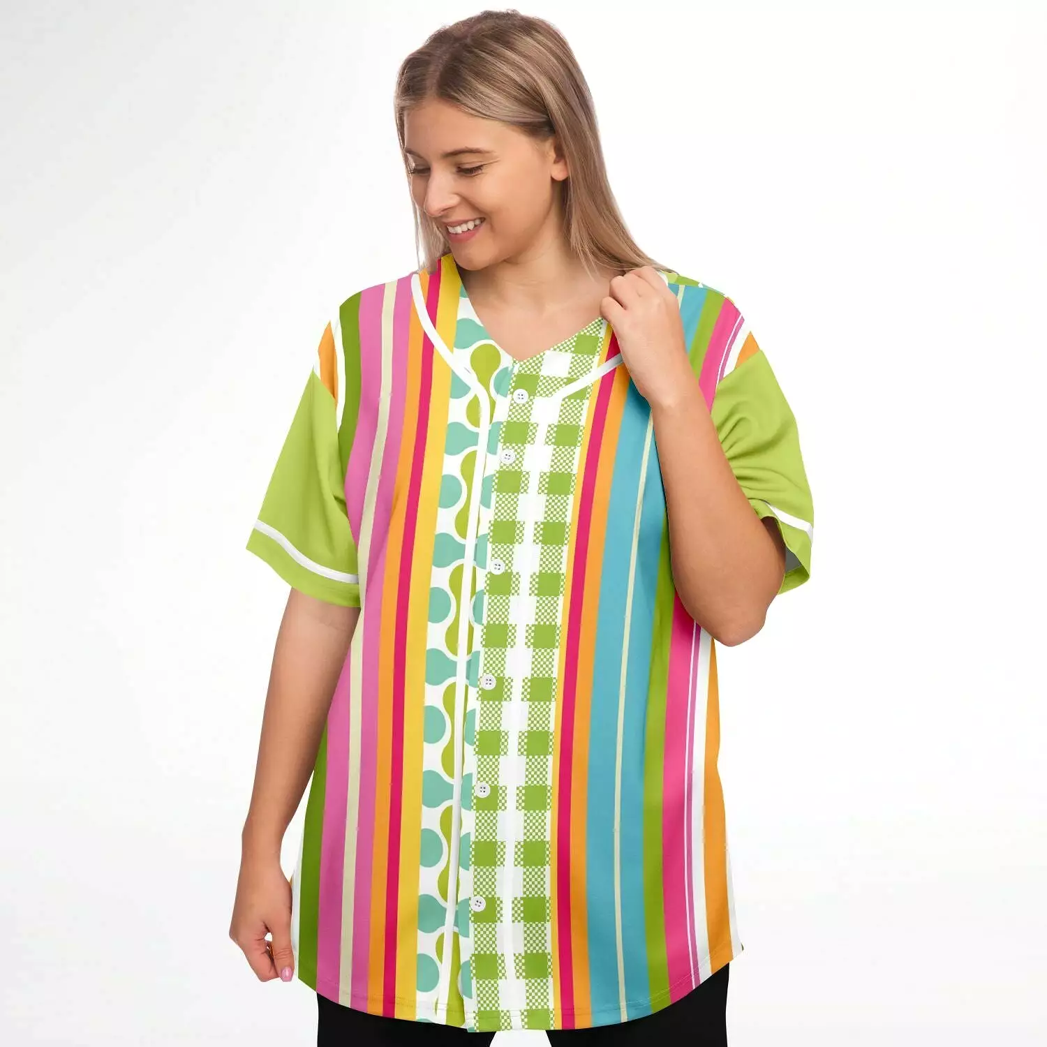 Green Anjou Pear Striped Patchwork Button Front Jersey