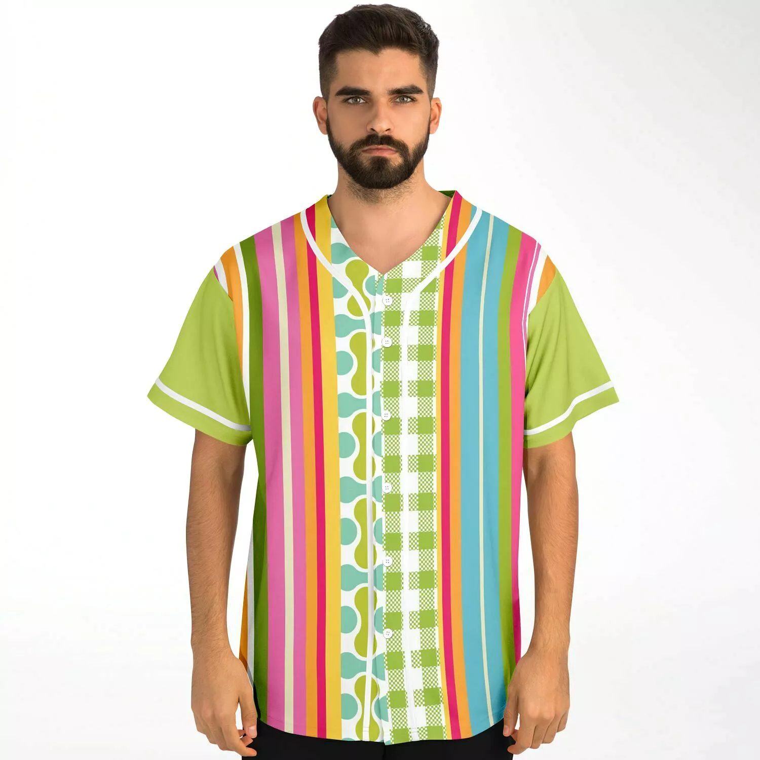 Green Anjou Pear Striped Patchwork Button Front Jersey