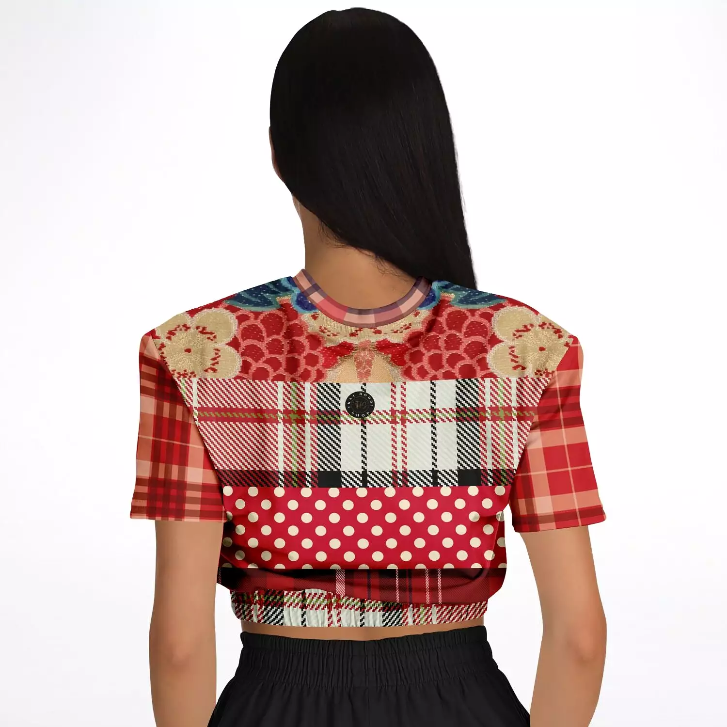 Jersey Salsa Red Plaid Short Sleeve Cropped Eco-Poly Sweater