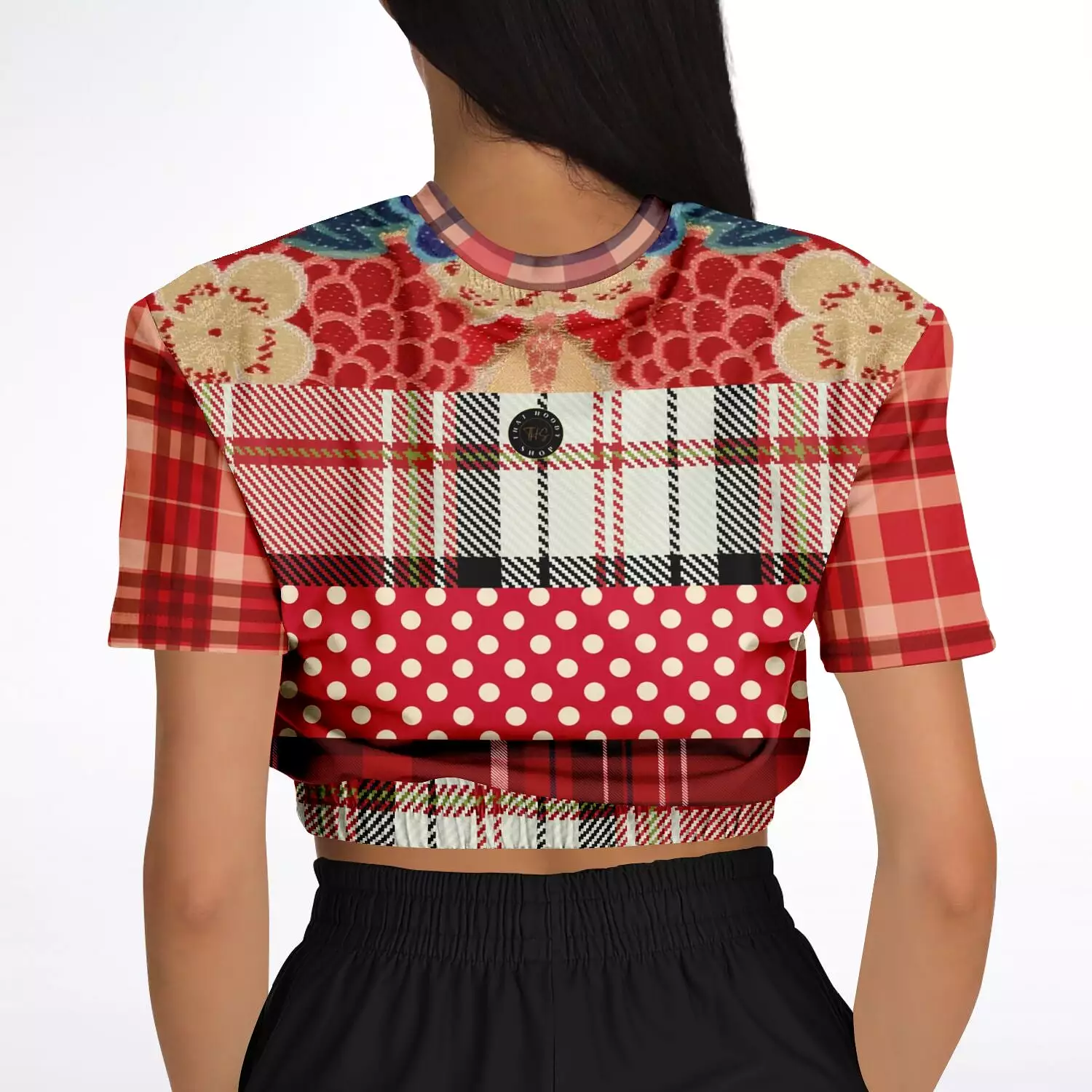 Jersey Salsa Red Plaid Short Sleeve Cropped Eco-Poly Sweater