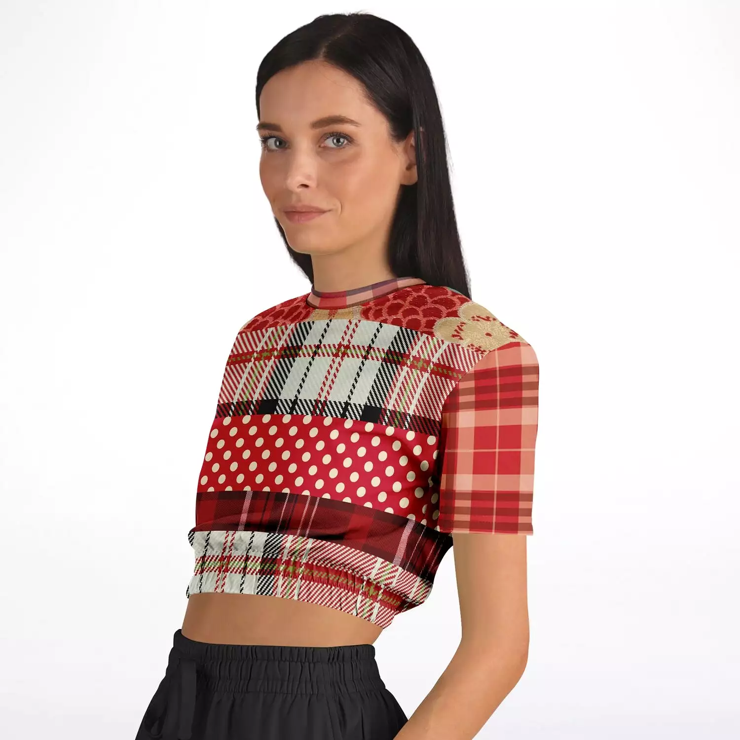 Jersey Salsa Red Plaid Short Sleeve Cropped Eco-Poly Sweater