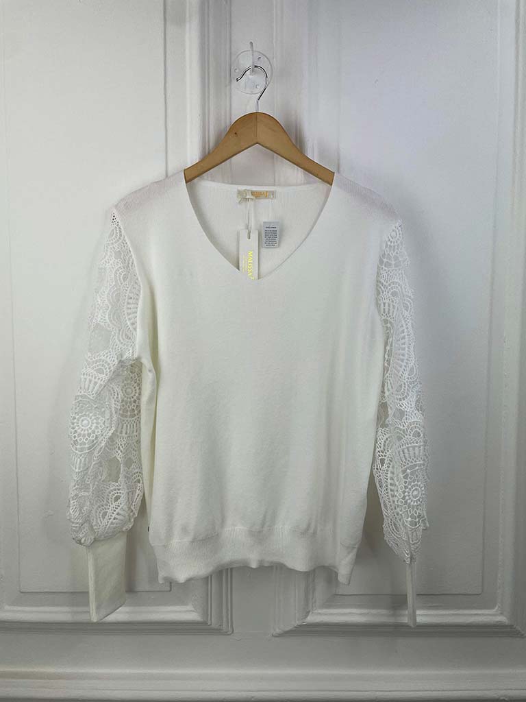 Malissa J Crochet Sleeve Knit - Warm White