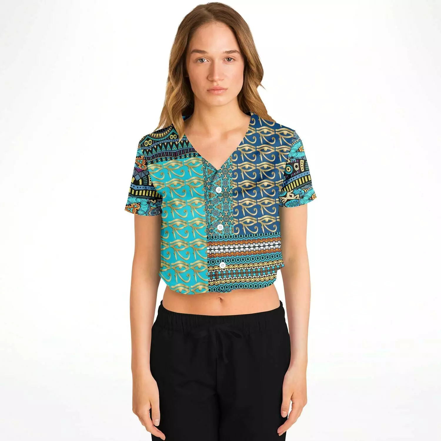 Many Blessings Patchwork Print Cropped Button Front Jersey