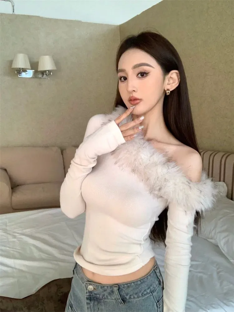 Maomao splicing one-shoulder long-sleeved sweater for women in spring gentle style off-shoulder sweater slim inner layering top