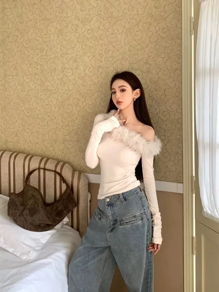 Maomao splicing one-shoulder long-sleeved sweater for women in spring gentle style off-shoulder sweater slim inner layering top