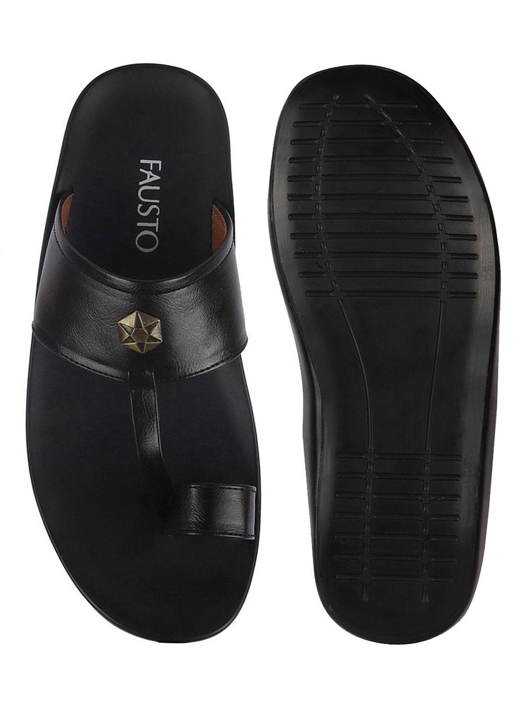 Men Black Slip On Indoor Toe Ring Slippers