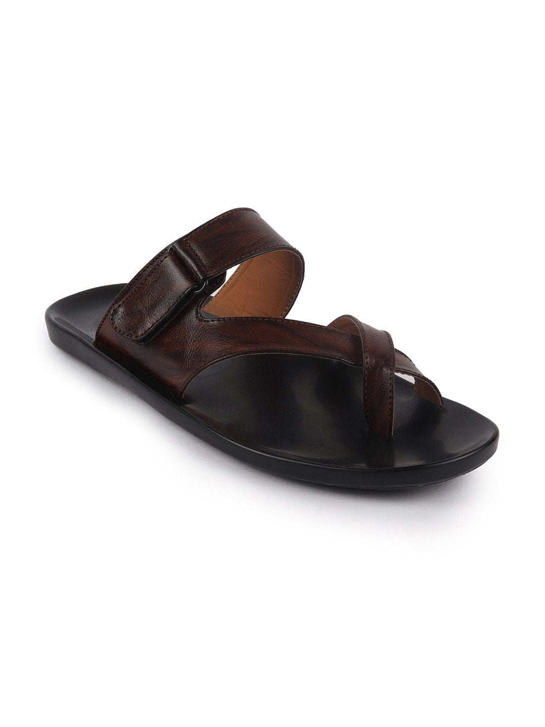 Men Brown Hook & Loop Criss Cross Toe Ring Slipper