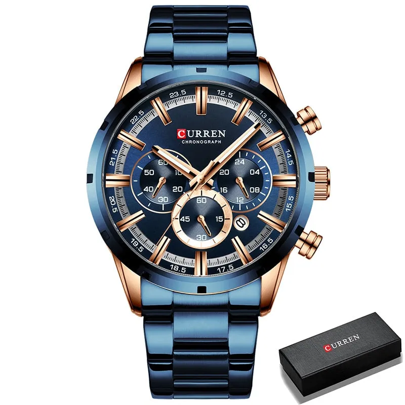 Mens Watches Full Steel Waterproof Chronograph Wristwatch