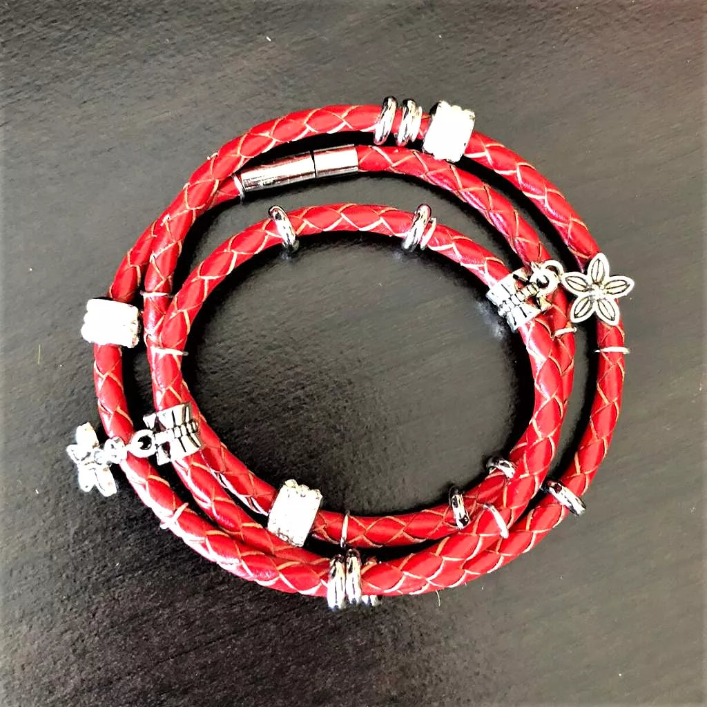 Red Leather Wrap Boho Bracelet