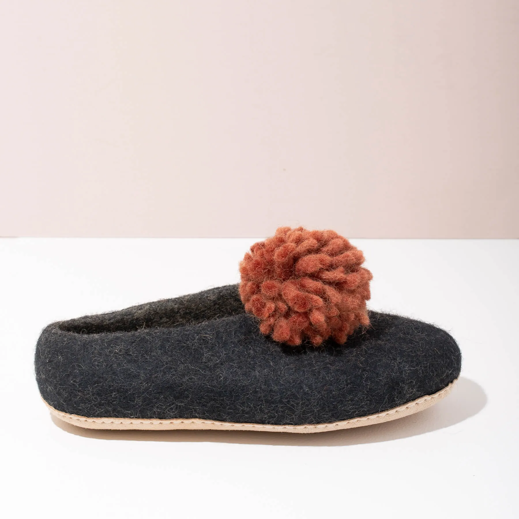 SALE - Pom Pom Felt Slippers - Dark Grey + Rust