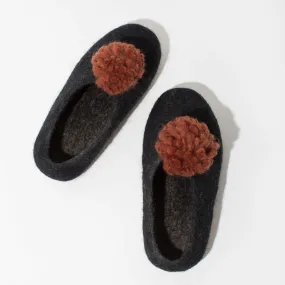 SALE - Pom Pom Felt Slippers - Dark Grey + Rust