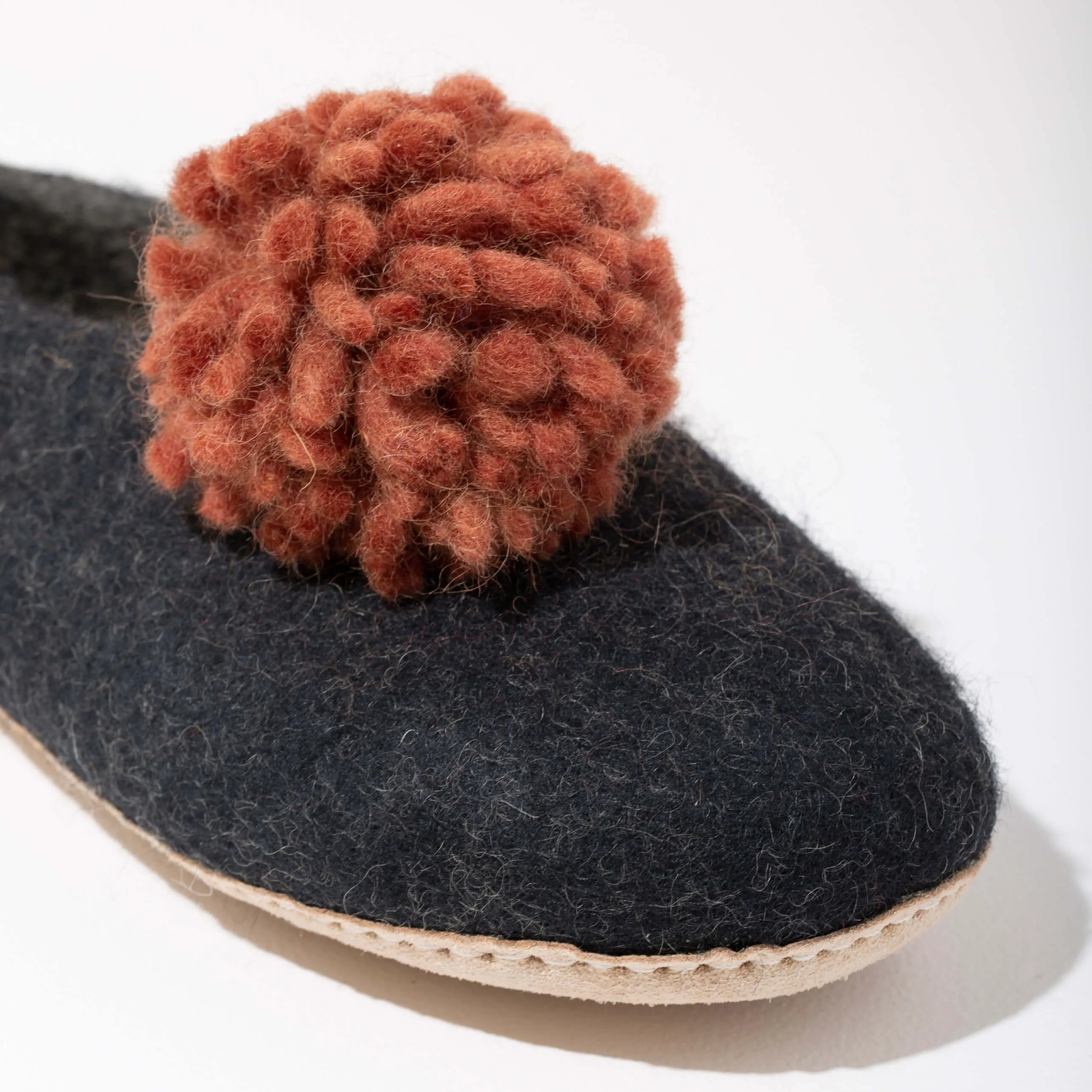 SALE - Pom Pom Felt Slippers - Dark Grey + Rust