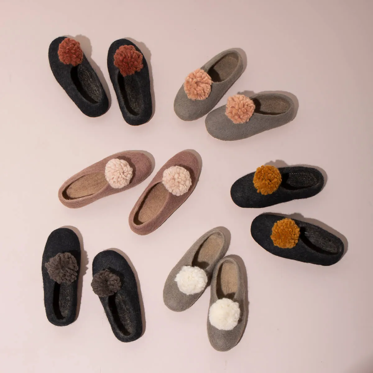 SALE - Pom Pom Felt Slippers - Dark Grey + Rust