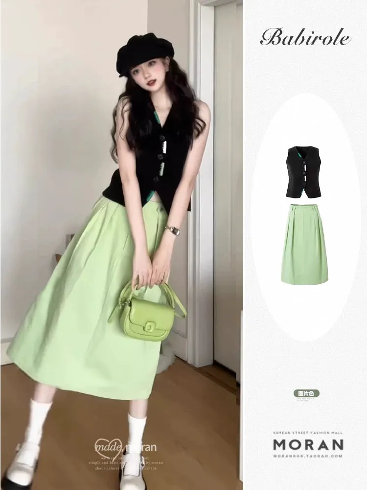 Salty street fashion two-piece suit design niche V-neck vest outerwear top half-length skirt a complete set of summer