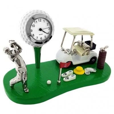 Sanis Enterprises Golf Miniature Scene On Green with Golfer Cart & Gear Mini Clock