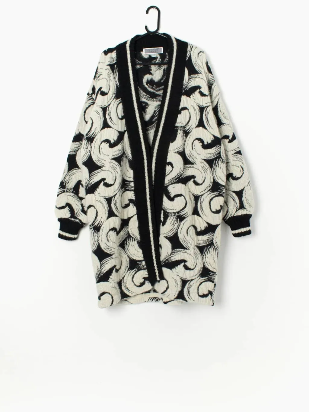 Vintage black and white wool cardigan with abstract swirl design – Large / XL