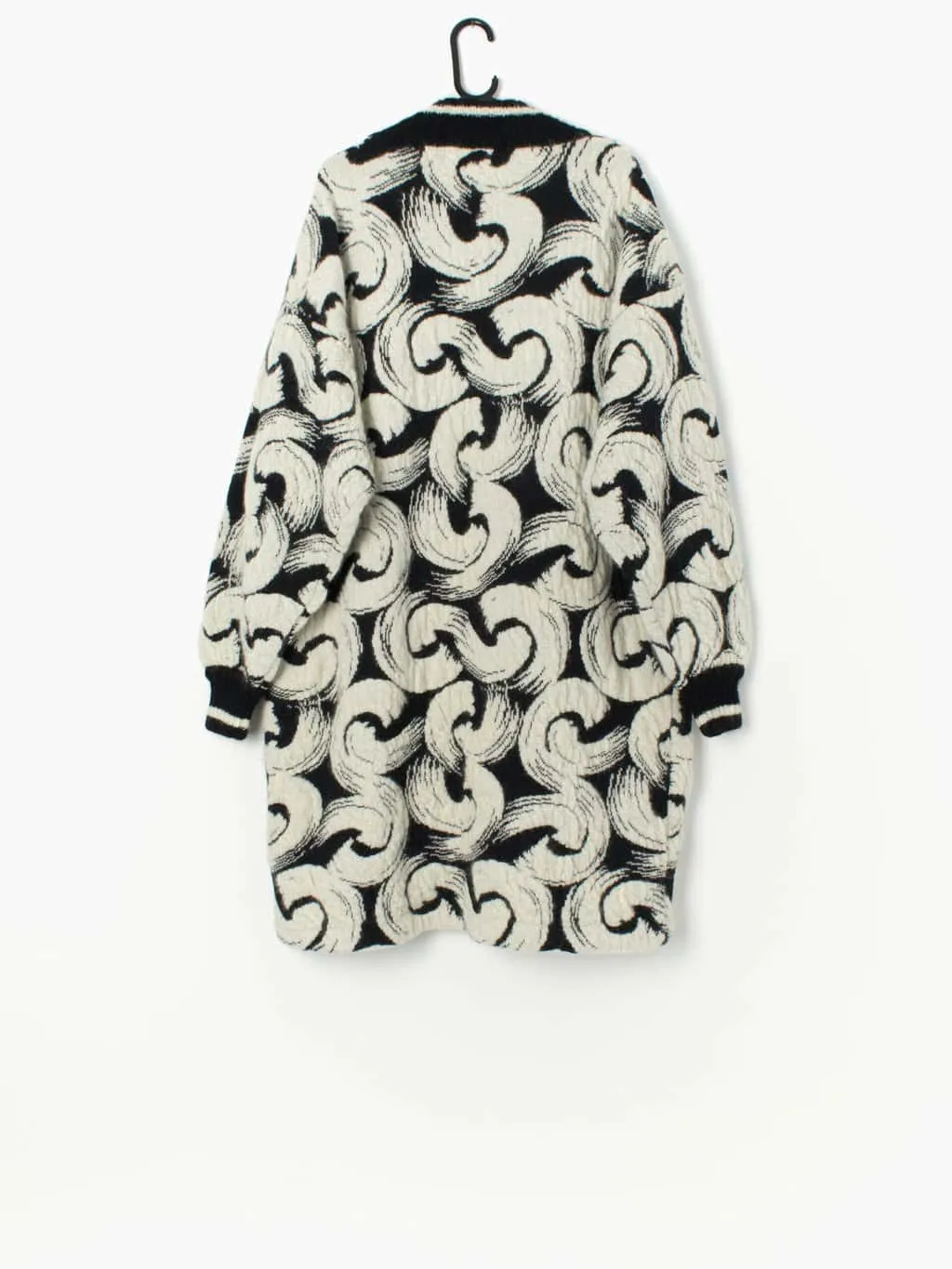 Vintage black and white wool cardigan with abstract swirl design – Large / XL