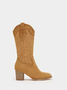 Women Embroidered Chunky Heeled Western Boots, Fashion Outdoor Faux Suede Boots