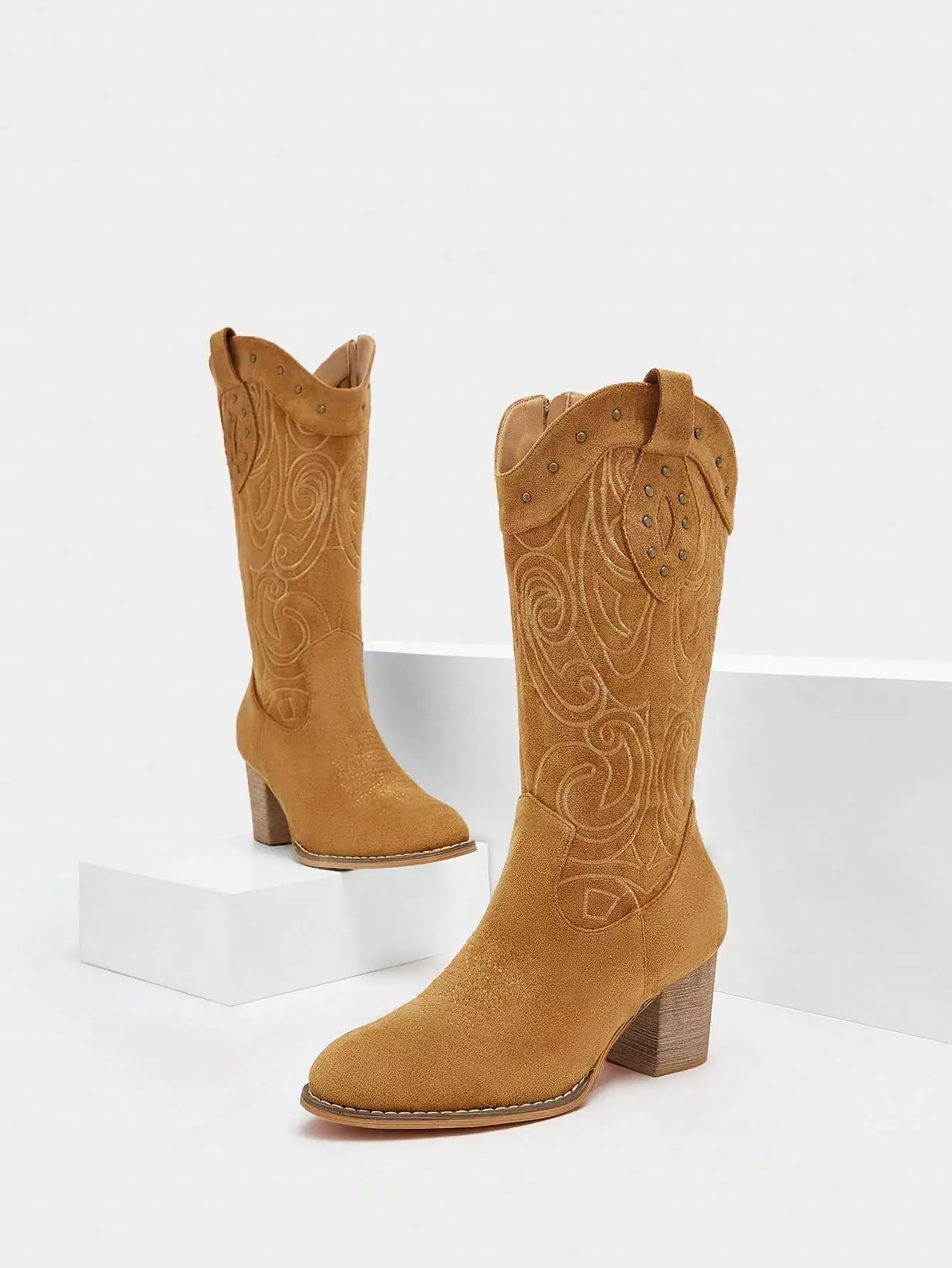 Women Embroidered Chunky Heeled Western Boots, Fashion Outdoor Faux Suede Boots