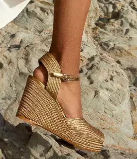 Women Luxury Sandals Golden Bordered Woven Wedges Platform Elegant Shining Silk Thread Riband Heel Cover Hollow Buckle Shoe