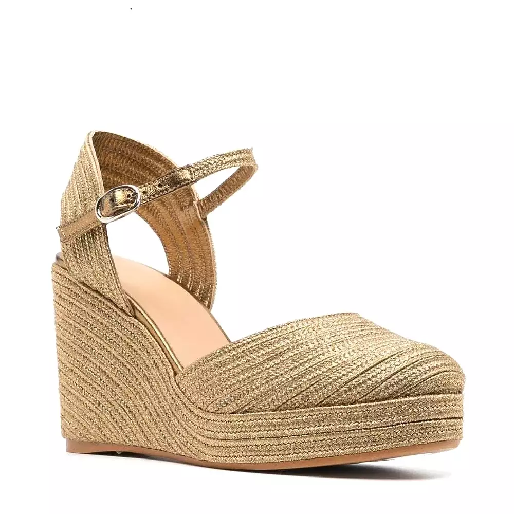 Women Luxury Sandals Golden Bordered Woven Wedges Platform Elegant Shining Silk Thread Riband Heel Cover Hollow Buckle Shoe