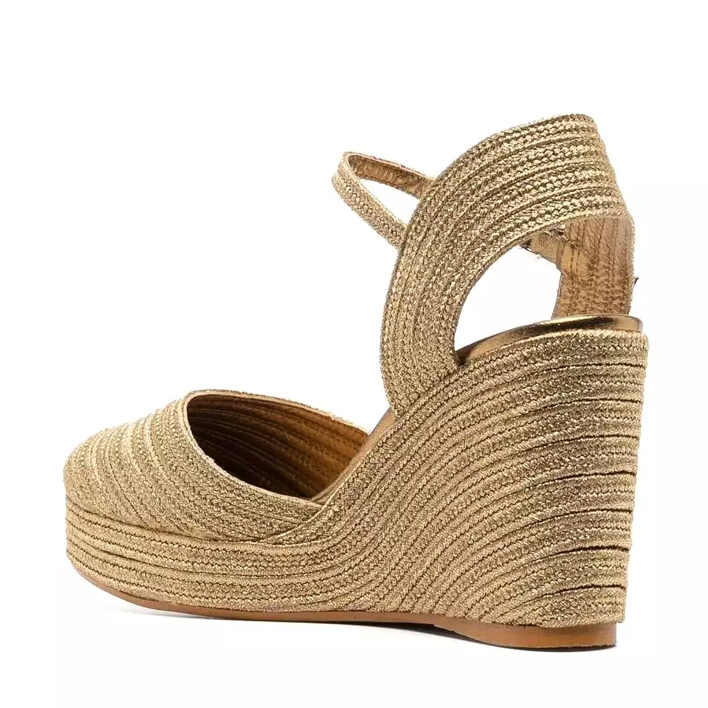 Women Luxury Sandals Golden Bordered Woven Wedges Platform Elegant Shining Silk Thread Riband Heel Cover Hollow Buckle Shoe