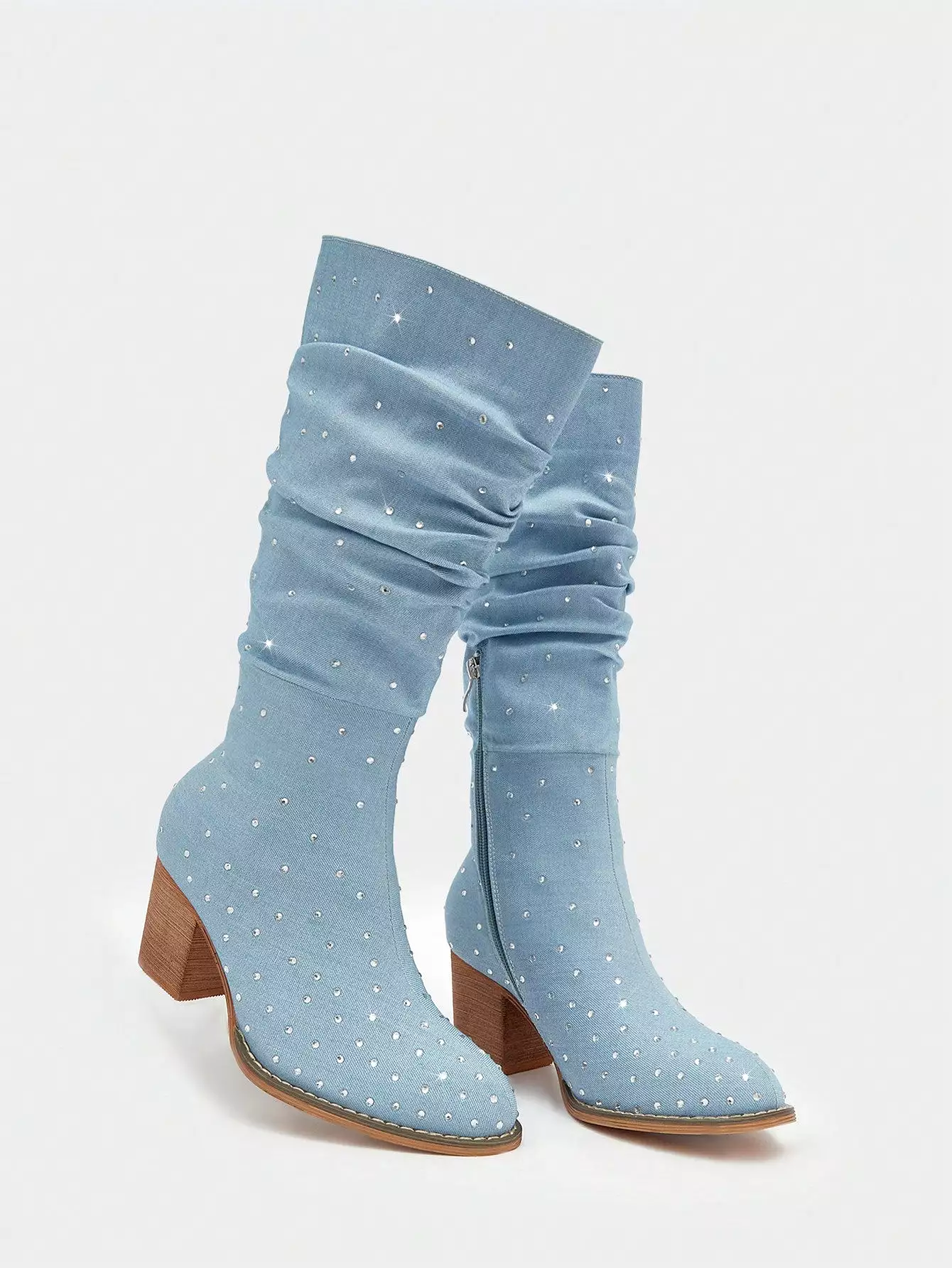 Women Rhinestone Decor Chunky Heeled Boots, Glamorous Outdoor Denim Slouchy Boots