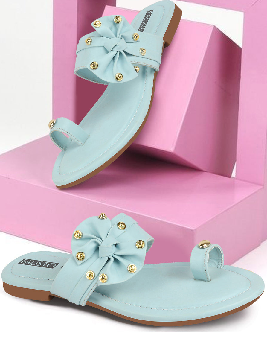 Women Sky Blue Bow Design Toe Ring Slip On Flats Slippers