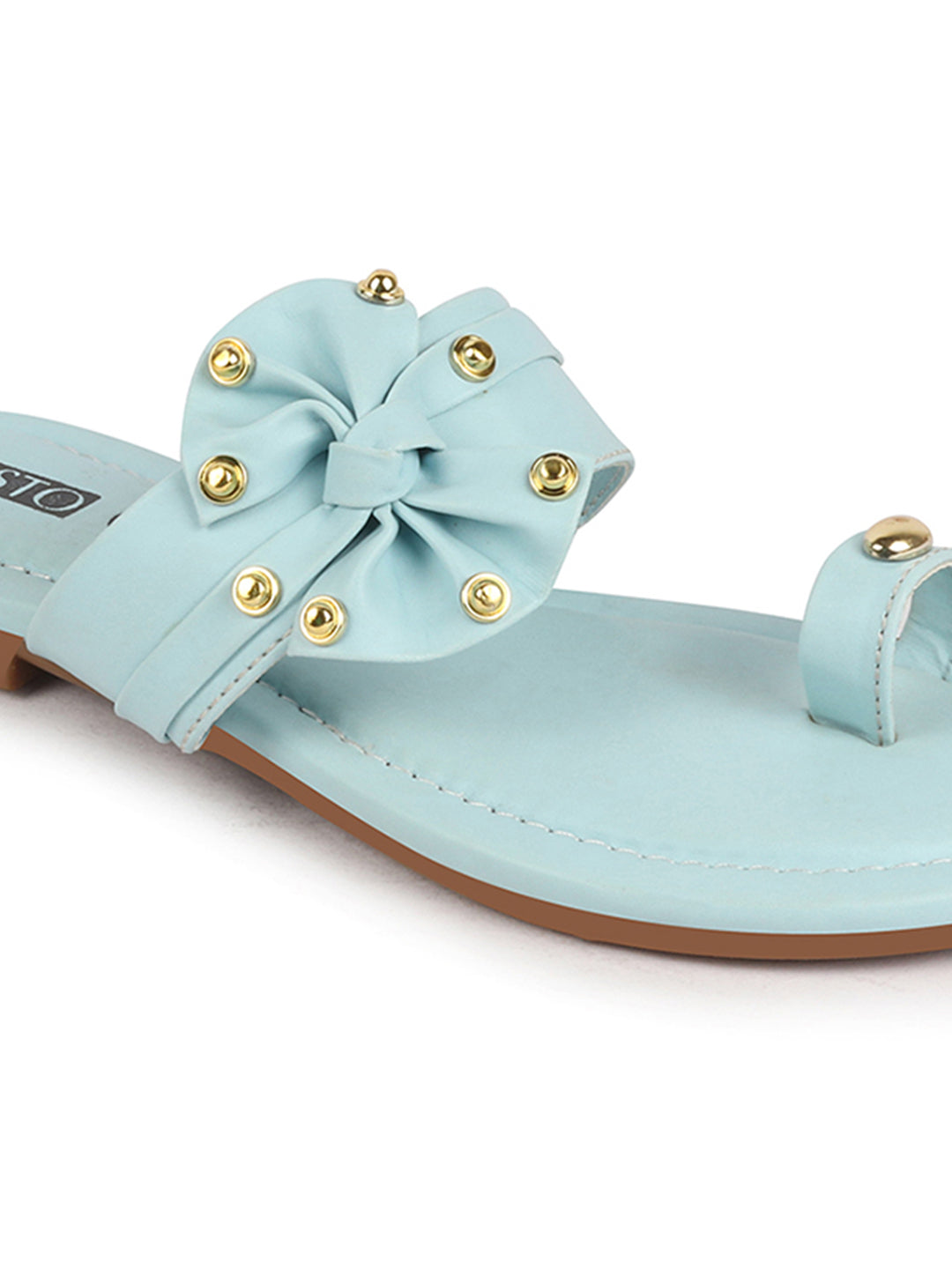 Women Sky Blue Bow Design Toe Ring Slip On Flats Slippers