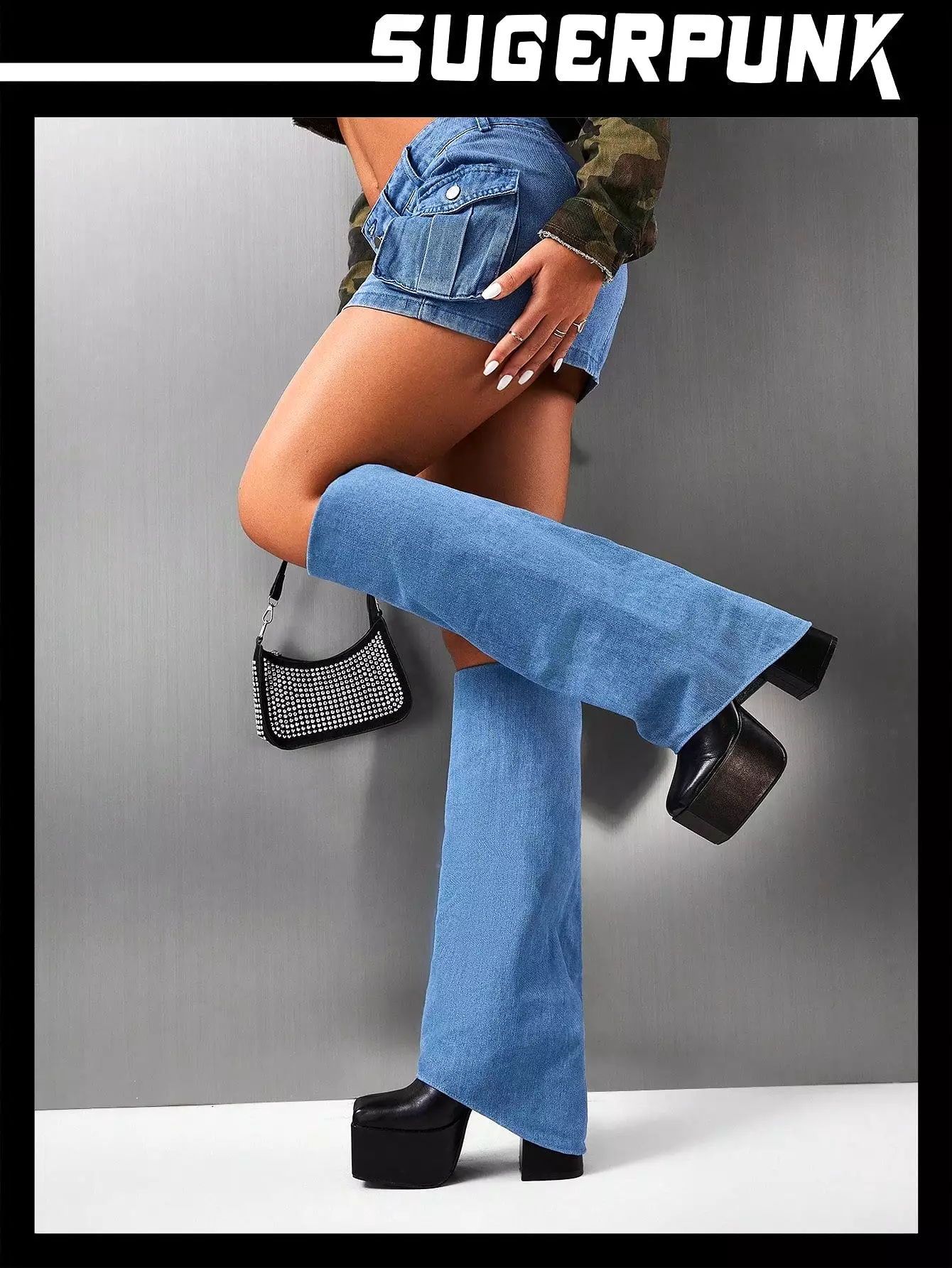 Women Slip On Square Toe Platform Classic Boots, Fashionable Outdoor Denim Boots