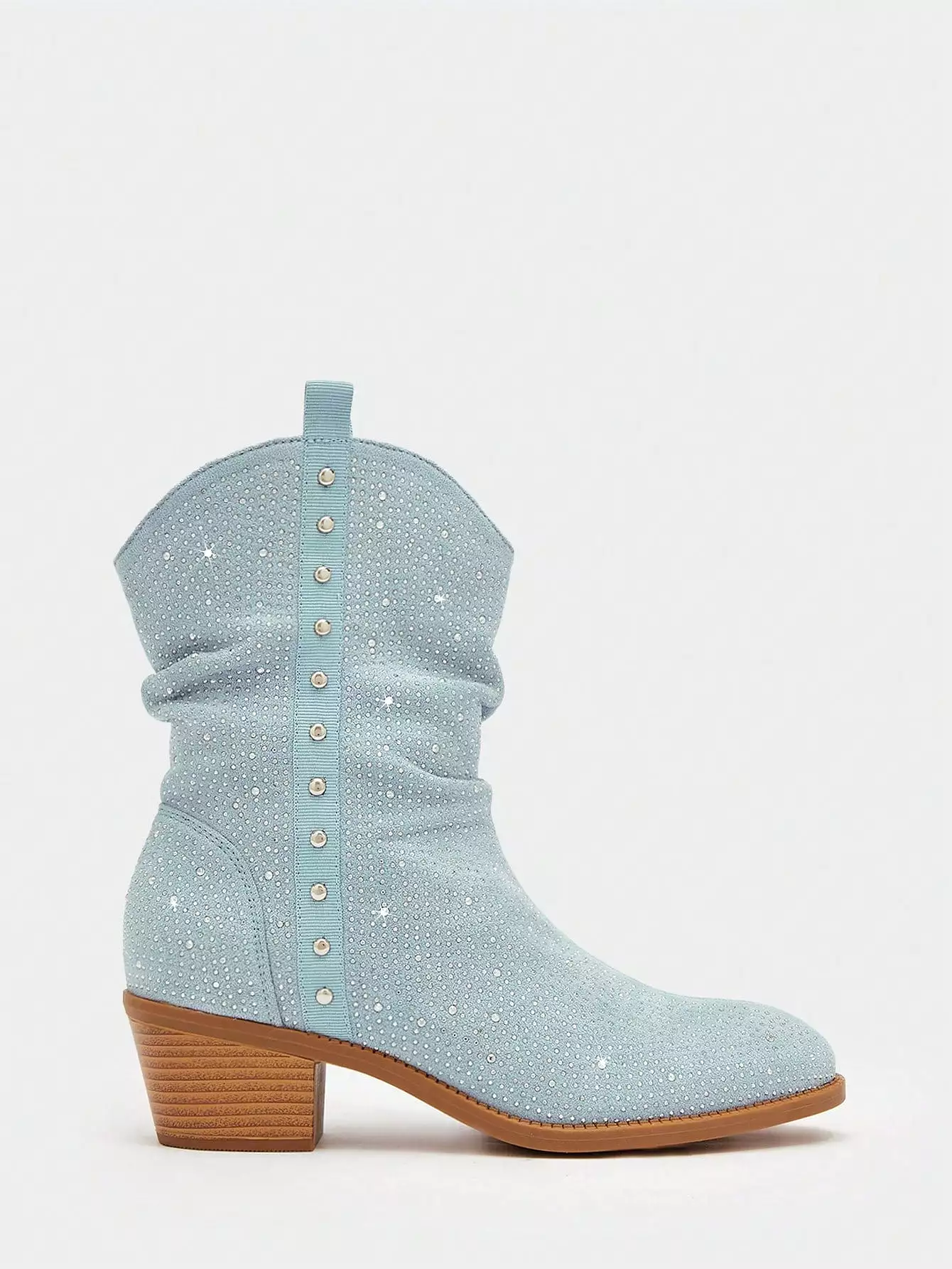 Women Studded Decor Faux Suede Fashion Boots, Fashion Baby Blue Slouchy Boots For Outdoor